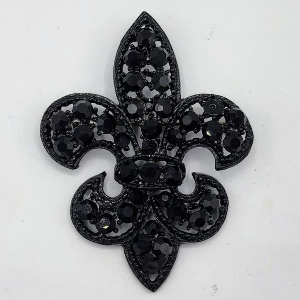 Weiss Vintage  Signed Fleur de Lis Black Rhinestone Brooch